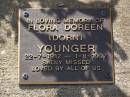 
Flora Dorren (Dorn) YOUNGER,
22-7-1912 - 1-8-1997;
Brookfield Cemetery, Brisbane

