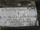 
E.C. (Eliza) CORCORAN,
died 5 July 1967 aged 56 years;
Bryden (formerly Deep Creek) Catholic cemetery, Esk Shire

