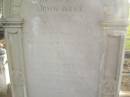 
John NOTT
b: 19 Feb 1817
    Swimbridge, Devonshire, England
d: 19 Jul 1886 at Bundaberg

wife
Marianne (NOTT)
d: Randwick
 18 Feb 1892 aged 72 (buried 24-02-1892)

son
Ebenezer (NOTT)
d: 11 July  1903 aged 51

Ruby Eveline (NOTT)
second daughter of late H.O. NOTT and I. NOTT
d: 19 Apr 1958

Florence Vivienne  (NOTT)
eldest daughter of late H.O. NOTT and I. NOTT
d: 29 May 1973

Bundaberg General Cemetery


