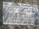 
Anna Ida Louisa SINN, mother,
died 17 Jan 1955 aged 80 years;
Caffey Cemetery, Gatton Shire
