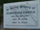 
Josephine CAHILL,
died 29 Dec 2001 aged 95 years;
Sacred Heart Catholic Church, Christmas Creek, Beaudesert Shire


