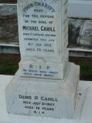 
James CAHILL,
died 11 May 1924 aged 72 years;
Margaret, his wife,
born County Limerick, Ireland,
died 6 March 1949 aged 81 years;
Michael CAHILL,
born County Limerick, Ireland,
died 8 Sept 1926 aged 79 years;
Annie, his wife,
born Tipperary, Ireland,
died 23 Sept 1939 aged 83 years;
Annie Margaret CAHILL, their daughter,
died 30 July 1948 aged 58 years;
Denis P. CAHILL,
died 21 July 1967 aged 72 years;
Michael J. CAHILL,
died 22 June 1970 aged 78 years;
Sacred Heart Catholic Church, Christmas Creek, Beaudesert Shire
