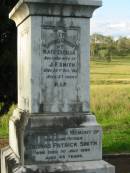 
Kate Cecelia, wife of J.F. SMITH,
died 13 Oct 1912 aged 53 years;
Thomas Patrick SMITH, father,
died 1 July 1936 aged 44 years;
Susan, mother,
died 6 Nov 1936 aged 42 years;
Mary Alice SMITH,
died 14 June 1887 aged 2 years;
Michael Francis SMITH,
died 15 Aug 1905 aged 28 years;
Sacred Heart Catholic Church, Christmas Creek, Beaudesert Shire
