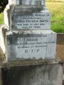 
Kate Cecelia, wife of J.F. SMITH,
died 13 Oct 1912 aged 53 years;
Thomas Patrick SMITH, father,
died 1 July 1936 aged 44 years;
Susan, mother,
died 6 Nov 1936 aged 42 years;
Mary Alice SMITH,
died 14 June 1887 aged 2 years;
Michael Francis SMITH,
died 15 Aug 1905 aged 28 years;
Sacred Heart Catholic Church, Christmas Creek, Beaudesert Shire
