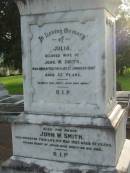 
Julia, wife of John W. SMITH,
died 1 Jan 1907 aged 32 years;
John W. SMITH,
died 11 May 1927 aged 61 years;
Bernard Andrew SMITH,
died 28 Dec 1977 aged 41 years;
Sacred Heart Catholic Church, Christmas Creek, Beaudesert Shire
