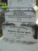 
Julia, wife of John W. SMITH,
died 1 Jan 1907 aged 32 years;
John W. SMITH,
died 11 May 1927 aged 61 years;
Bernard Andrew SMITH,
died 28 Dec 1977 aged 41 years;
Sacred Heart Catholic Church, Christmas Creek, Beaudesert Shire
