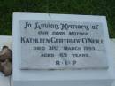 
Kathleen Gertrude ONEILL, mother,
died 31 March 1993 aged 69 years;
Sacred Heart Catholic Church, Christmas Creek, Beaudesert Shire
