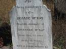
George MCKAY,
husband of Johannah MCKAY,
died 7 Dec 1904 aged 73 years;
Elizabeth J.M. Hamley MCKAY,
grand-daughter,
died 18 Sept 1905 aged 14 years;
Johanna,
wife of Geo MCKAY,
died 30 Jan 1910 aged 76 years;
Coulson General Cemetery, Scenic Rim Region
