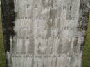 
Emily May McLEAN
b: 13 Feb 1887
d: 2-Dec 1911 aged 24 years, 10 months
wife of E.A. McLEAN

Cressbrook Homestead, Somerset Region
