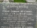
Edgar Cannon McCONNEL
b: 20 Apr 1881
d: Cressbrook 25 Sep 1947
third son of J.H. and M.E. McCONNEL

his wife
Phyllis Claudia McCONNEL
b: 23 Jul 1886
d: 17 Apr 1957
youngest daughter of T. DeM and F.C. MURRAY PRIOR


Stuart Whitney COOK
b: 1 Apr 1909
d: 25 Jun 1988

Helen Hope COOK
b: 15 Oct 1919
d: 6 Aug 2002
buried beside her husband and parents

Cressbrook Homestead, Somerset Region


