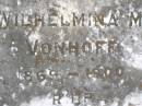 
Wilhelmina M. VONHOFF, wife,
1869 - 1900;
Douglas Lutheran cemetery, Crows Nest Shire
