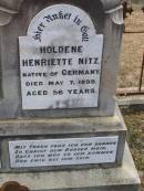 
Carl August Ferdinand NITZ,
native of Germany,
died 24 Sept 1919 aged 76 years;
Holdene Henriette NITZ,
native of Germany,
died 7 May 1899 aged 56 years;
Douglas Lutheran cemetery, Crows Nest Shire
