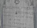 
Wilhelmine PRIEBE (nee BRUNWALD),
born 26 Sept 1870 Prussia,
died 30 May 1907 Bergen,
wife of Carl PRIEBE;
Douglas Lutheran cemetery, Crows Nest Shire
