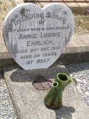 
Annie Lousie EHRLICH, wife mother,
died 31 Dec 1930 aged 39 years;
Douglas Lutheran cemetery, Crows Nest Shire
