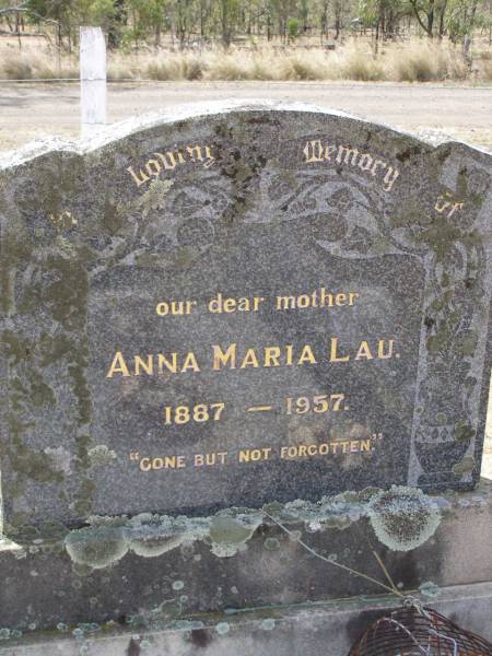 John Jacob LAU, husband father,  | 1879 - 1931;  | Anna Maria LAU, mother,  | 1887 - 1957;  | Douglas Lutheran cemetery, Crows Nest Shire  | 
