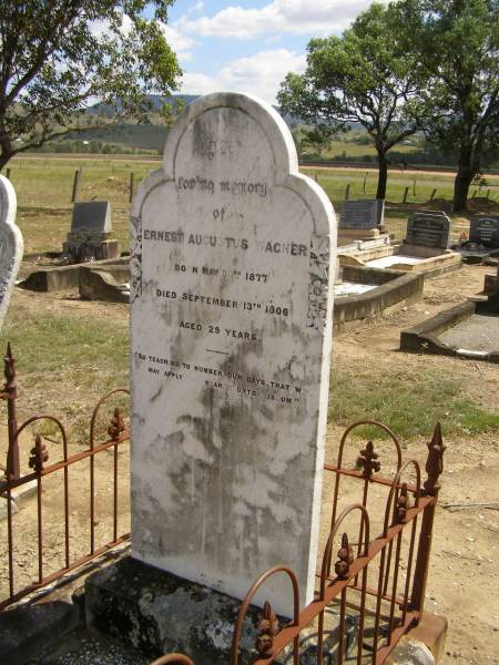 Ernest Augustus WAGNER,  | born 30 May 1877,  | died 13 Sept 1906 aged 29 years;  | Dugandan Trinity Lutheran cemetery, Boonah Shire  | 