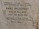 
Wilhelmine PFLUGRADT,
born 7 Jan 1834,
died 1 March 1908;
Karl PFLUGRADT,
born 20 May 1834,
died 28 March 1916;
Dugandan Trinity Lutheran cemetery, Boonah Shire
