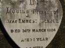
Ernest SCHULZ,
died 30 March 1924 aged 1 year;
Dugandan Trinity Lutheran cemetery, Boonah Shire
