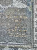 
Alma Auguste ZUPP,
wife mother,
died 1 Aug 1949 aged 52 years;
Ferdinand Gustav ZUPP,
father,
died 4 Jan 1974 aged 87 years;
Dugandan Trinity Lutheran cemetery, Boonah Shire
