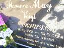 
Florence May VOIGT (THOMPSON), mother,
18-12-1927 - 10-9-2004 aged 76 years;
Fernvale General Cemetery, Esk Shire
