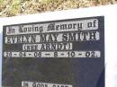 
Evelyn Mary SMITH (nee ARNDT),
26-04-06 - 8-10-02;
Fernvale General Cemetery, Esk Shire

