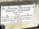 
T.J. LOGAN, husband,
killed in action Quinns Post Gallipoli
7 Aug 1915;
Percy, infant son,
died 23 Sept 1908;
erected by wife & children;
Beatrice May, wife of T.J. LOGAN,
died 18 June 1959 aged 82 years;
Robert Stoddart,
1909 - 1975,
son of T.J.& B.M. LOGAN,
husband of Myrtle,
father of Patricia, Annette, Roberta & Judith;
Forest Hill Cemetery, Laidley Shire
