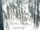 
children;
Stanley Otto SCHAD,
died 27 April 1922 aged 1 year;
Elsie May SCHAD,
died 31 Dec 1927 aged 11 years 7 months;
Forest Hill Cemetery, Laidley Shire
