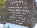 
James Edward PEARCE, father,
died 4 Jan 1931 aged 80 years;
Martha PEARCE, mother,
died 31 Aug 1944 aged 90 years;
Gheerulla cemetery, Maroochy Shire
