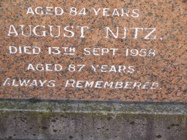 parents;  | Lousie NITZ,  | died 27 Dec 1957 aged 84 years;  | August NITZ,  | died 13 Sept 1958 aged 87 years;  | Glencoe Bethlehem Lutheran cemetery, Rosalie Shire  | 