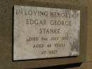 
Edgar George STANKE,
died 2 July 1976 aged 42 years;
Glencoe Bethlehem Lutheran cemetery, Rosalie Shire
