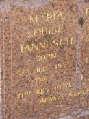 
Maria Louisa JANNUSCH,
born 8 July 1876,
died 10 July 1970;
Ferdinand Theodore JANNUSCH,
born 1 Mar 1876,
died 25 Mar 1958;
Glencoe Bethlehem Lutheran cemetery, Rosalie Shire
