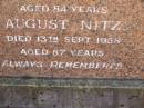 
parents;
Lousie NITZ,
died 27 Dec 1957 aged 84 years;
August NITZ,
died 13 Sept 1958 aged 87 years;
Glencoe Bethlehem Lutheran cemetery, Rosalie Shire
