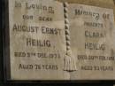 
parents;
August Ernest HEILIG,
died 9 Dec 1973 aged 76 years;
Clara HEILIG,
died 20 Feb 1951 aged 53 years;
Glencoe Bethlehem Lutheran cemetery, Rosalie Shire
