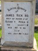 
James RICKARD,
husband of Elizabeth RICKARD,
died 19 August 1916 aged 46 years;
Gleneagle Catholic cemetery, Beaudesert Shire
