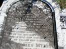 
Honora MYLETT,
native of County Roscommon Ireland,
24 years resident Beaudesert,
died Beaudesert 7 Sept 1894 aged 90 years;
James MYLETT, son,
born County Roscommon Ireland,
died Beaudesert 19 Oct 1886? aged 41 years;
James MYLETT, grandson,
died Beaudesert 1 June 1881 aged 4 years;
Gleneagle Catholic cemetery, Beaudesert Shire
