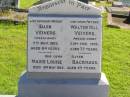 
Ellen VEIVERS, mother,
died 7 Nov 1965 aged 84 years;
Walter Hill VEIVERS, father,
died 23 Feb 1959 aged 77 years;
Marie Louise BACKHAUS, sister,
died 3 May 1958 aged 49 years;
Gleneagle Catholic cemetery, Beaudesert Shire
