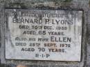 
Bernard P. LYONS,
died 30 Dec 1959 aged 65 years;
Ellen, wife,
died 25 Sept 1972 aged 70 years;
Gleneagle Catholic cemetery, Beaudesert Shire
