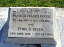 
Patrick Francis DEVER,
1 Jan 1881 - 13 Jan 1961;
Ethel D. DEVER,
24 Sept 1892 - 19 Oct 1962;
Gleneagle Catholic cemetery, Beaudesert Shire
