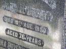 
William BEGLEY,
died 10 Aug 1950 aged 76 years;
Emma Priscilla BEGLEY,
died 21 June 1954 aged 68 years;
Gleneagle Catholic cemetery, Beaudesert Shire

