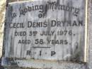 
Cecil Denis DRYNAN,
died 3 July 1976 aged 58 years;
Gleneagle Catholic cemetery, Beaudesert Shire
