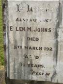 
Ellen M. JOHNS,
niece,
died 5 March 1927 aged 16 years;
Jas. (Lan) GOAN,
died 14 Dec 1928 aged 50 years;
Goomeri cemetery, Kilkivan Shire
