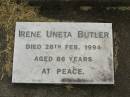 
James William BUTLER,
husband father,
died 17 Dec 1960 aged 55 years;
Irene Uneta BUTLER,
died 26 Feb 1994 aged 86 years;
Goomeri cemetery, Kilkivan Shire
