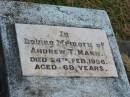 
Andrew T. MANN,
died 24 Feb 1956 aged 69 years;
Goomeri cemetery, Kilkivan Shire
