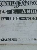 
James E. ANDERSON,
died 9 Dec 1952 aged 67 years;
Irene M. ANDERSON,
died 6 Feb 1987 ageed 76 years;
Goomeri cemetery, Kilkivan Shire
