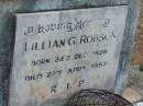 
Lillian G. ROBSON,
born 24 Dec 1878,
died 22 April 1957;
Goomeri cemetery, Kilkivan Shire
