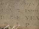 
Mary Agnes MCDONNELL,
native of Kings County Ireland,
died 7 July 1899 aged 74 years;
Greenmount cemetery, Cambooya Shire
