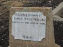 
Anna SCHEUERLE,
died 16 July 1938 aged 51 years;
Greenmount cemetery, Cambooya Shire
