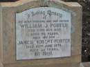 
William J. PORTER,
husband father,
died 22 Oct 1937 aged 56 years;
James Robert PORTER,
son,
died 20 June 1976 aged 62 years;
Greenmount cemetery, Cambooya Shire
