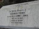 
Reginald James,
youngest son of James & Elizabeth F. LEMON,
accidentally drowned Kings Creek Pilton
20 Feb 1916 aged 17 years 4 months;
Elizabeth Forbes,
wife of James LEMON,
died 22 Jan 1924 aged 55 years;
Greenmount cemetery, Cambooya Shire
