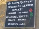 
Bernhard Alfred JENCKEL,
25-10-1899 - 22-4-1980;
Gladess JENCKEL,
24-3-1911 - 17-7-2002;
Greenwood St Pauls Lutheran cemetery, Rosalie Shire
